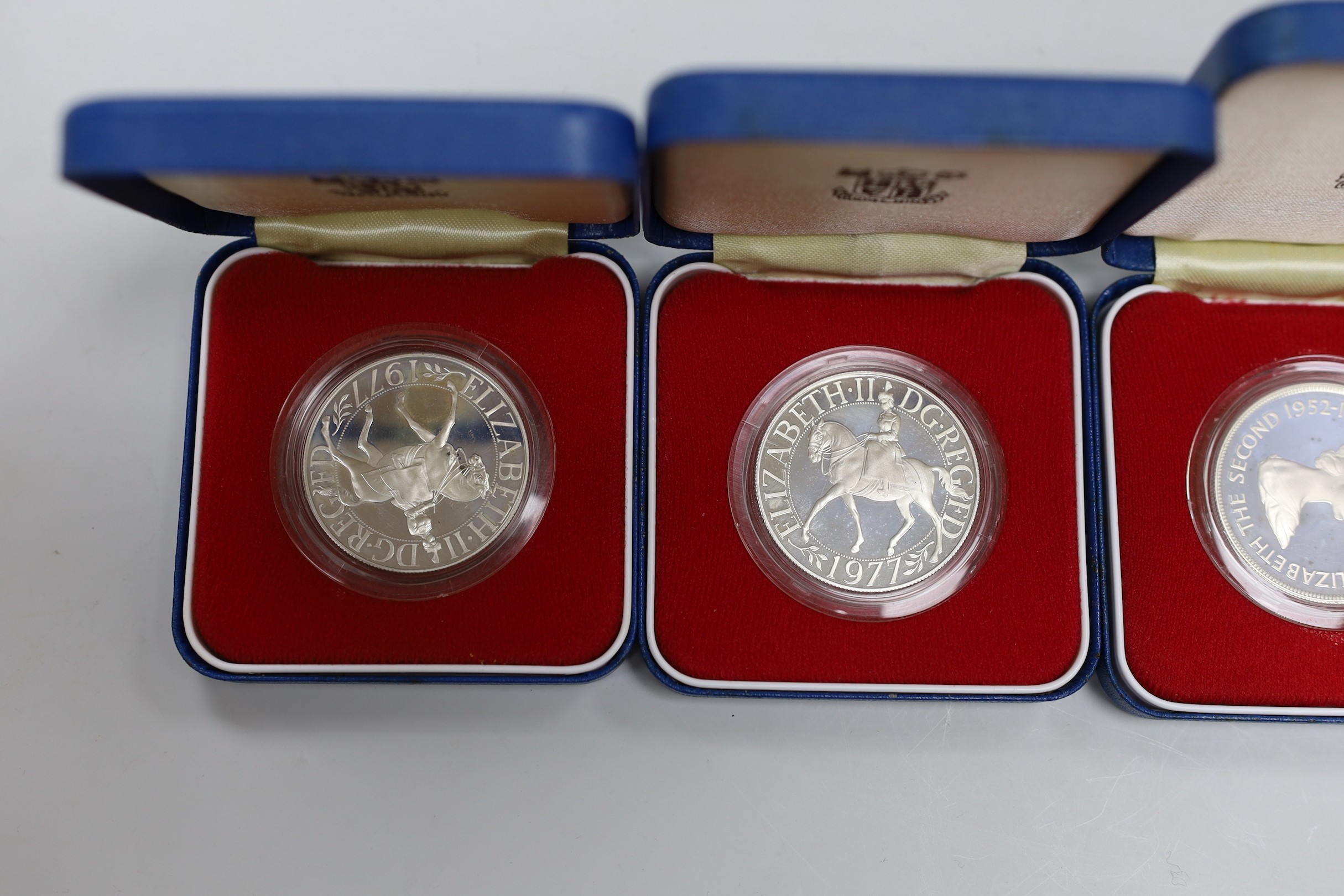 Royal Mint proof silver coins - three QEII UK Silver Jubilee crowns and four Commonwealth crowns (7)